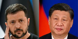 Ukrainian President Volodymyr Zelensky (L) and China's Xi Jinping