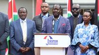 Azimio leaders led by Raila Odinga address journalists at SKM Command Centre on July 4, 2023.