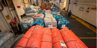 Humanitarian aid and food supplies for Gaza are seen inside a cargo ship, at the port of Misrata